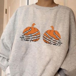Halloween Pumpkin Skull Pullover Sweatshirt - Gray